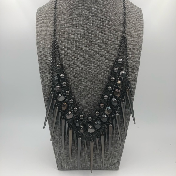 Spike Fringe Bib Necklace Collar Gunmetal Tone - Picture 2 of 2